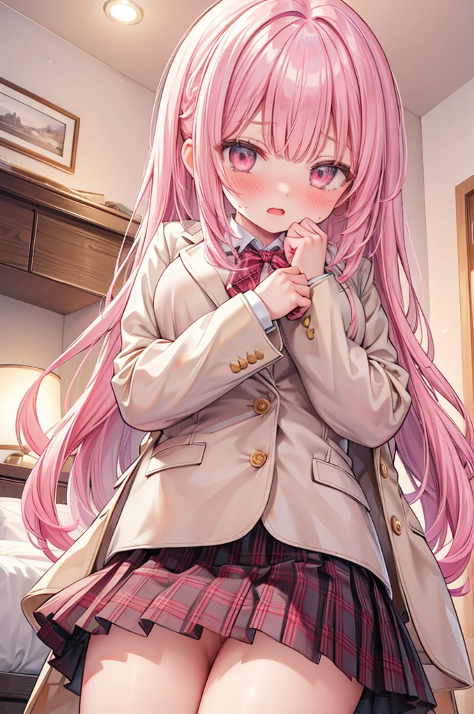 masterpiece, best quality, nsfw,
1girl, view from below,
lift up the plaid skirt, blazer,
vagina, pink hair, embarrassed face,
bedroom, late night,