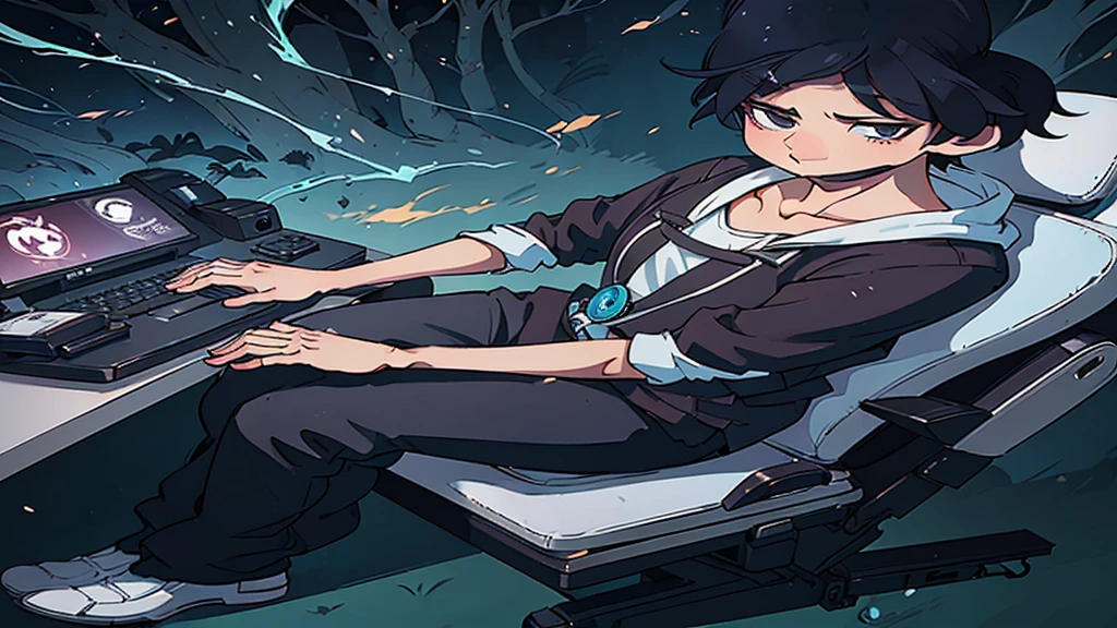A captivating anime-style logo showcases a radiant 25-year-old male character with black hair and iris of the greenish sparkling eyes. He is seated in an ergonomic gamer chair, immersed in his gaming experience. His hands are firmly gripping the mouse and keyboard, eyes intently fixed on the monitor. Despite his intense focus, a subtle smile adorns his face. The surrounding environment is a dark and fantastic forest, with a bonfire nearby.. The atmosphere is both mysterious and inviting, immersing the viewer in a world of enchantment and adventure.
