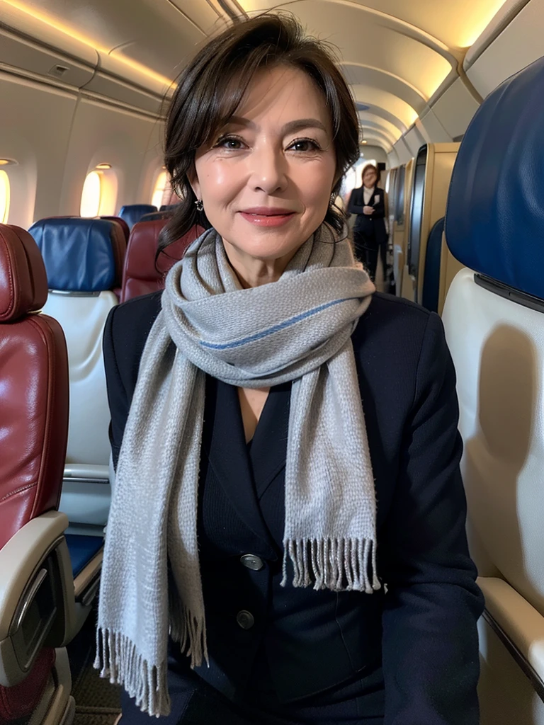 (masterpiece:1.4),(60-year-old woman:1.5),(facial wrinkles 1.2),A kind smile,maternal,Mature Woman, (dressed as a flight attendant : 1.3), on a plane, Scarf around the neck