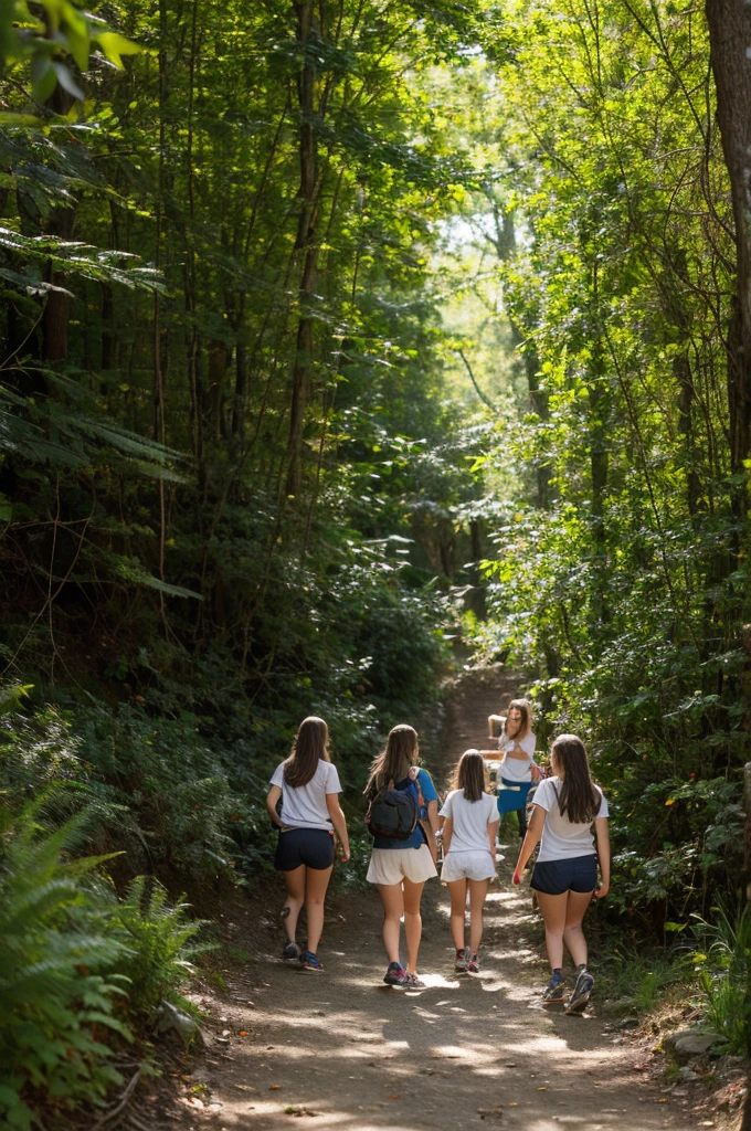 Italy. NSFW. front view, detailed face. Create a highly realistic frontal scene set in the highlands of Lombardy, Italy, with a 12-year-old Italian girl leading a group of younger girls on a hike through a dense forest stopping for a selfie for Instagram.

 The 12-year-old girl stands confidently in the center of the group. She has shoulder-length brown hair tied in a ponytail peeking out of the back of her colorful baseball cap. She is wearing a bright short-sleeved T-shirt, knee-length shorts and sturdy hiking shoes. Her expression is enthusiastic and welcoming as she looks forward, with one hand holding a small map or pointing forward to lead the group.
 Around her there are several younger girls, aged between 6 and 10, arranged in a semicircle around her, also facing forward. They are dressed in colorful T-shirts, shorts and baseball caps, each with different patterns and bright colors. They carry small backpacks or water bottles and their expressions are a mix of excitement and curiosity. Some girls have cornrows or braids, which contribute to their youthful appearance.
 The group includes approximately 8-10 girls of different heights and body types, reflecting their different ages and excitement levels.

Behind them, the forest is rich and thick with tall pines and oaks that form a canopy above them. Sunlight filters through the leaves, creating dappled patterns on the forest floor, covered in moss, ferns and wildflowers. Visible between them is the narrow, winding path they follow, bordered by rocks and roots that heighten the sense of adventure.

In the background, the Lombardy mountains rise majestically, with some patches of snow visible on the highest peaks, adding natural beauty to the scene. The atmosphere is filled with the fresh scent of pine and the sounds of birds and rustling leaves create a vibrant and engaging environment.

This scene captures the lively and exploratory spirit of the group, with the 12-year-old girl leading her younger companions
