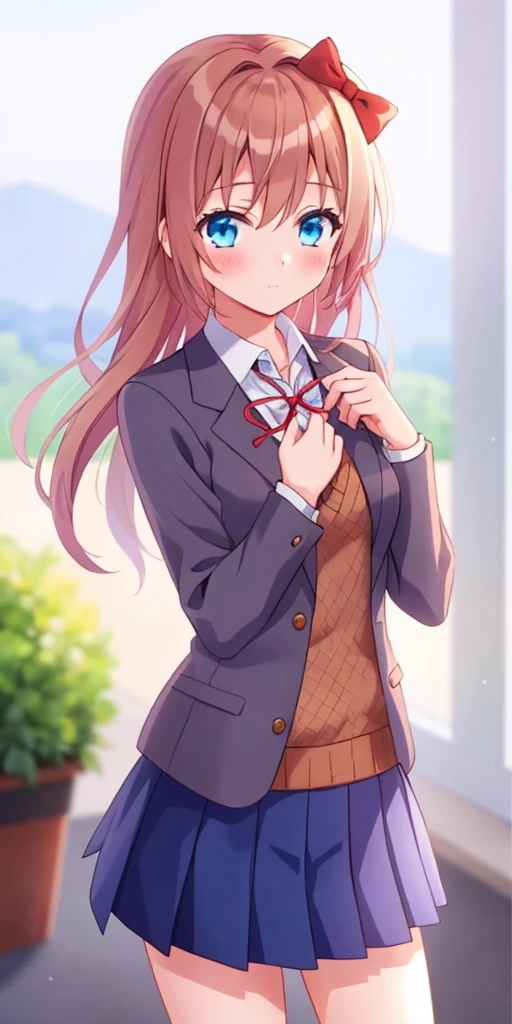 one girl, Sayori, DDLC, school blazer, hair bow, close to girl, too gentle, blue eyes, beautiful, skirt, cowboy shot, clumsy girl