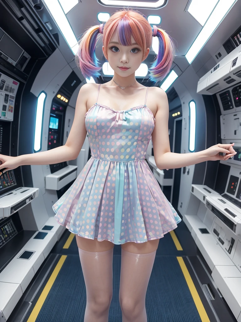 Cute redhead, gravure Idol, with rainbow colored hair tips, ribbons in her hair, 18-year-old woman, happy, in twin tails, perfect symmetrical eyes, clear sparkling blue eyes, pale skin, silky smooth skin, standing on a fancy luxurious space ship, large futuristic corridor, control panels, wood trim, decorative plants, warm lighting, wearing a futuristic  dress, pleated (chemise) mini dress (pastel rainbow colors, and polka dots), wearing full body pantyhose, cute short cut booties.