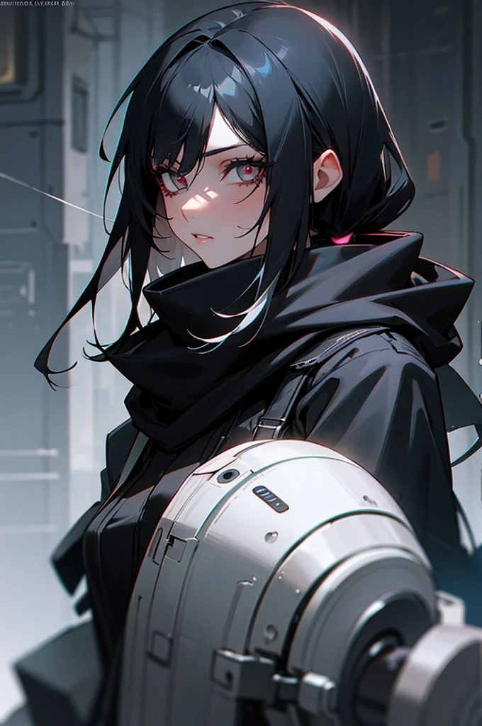 1girl, long black hair, beautiful silver eyes, a black jacket, gray scarf, cyberpunk city, scar on eye