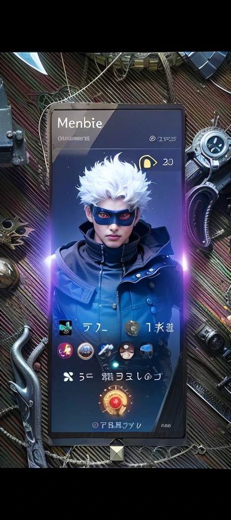 a close up of a guy with a steampunk mask on, Best quality, masterpiece, detailed skin texture, detailed clothes texture, detailed face, super detail, 8k, intricate detail, 1 boy, The color doesn't change, Muscle guy, 1 guy, strong red eye glow (red eye:1.2), holding a sword and a fire.