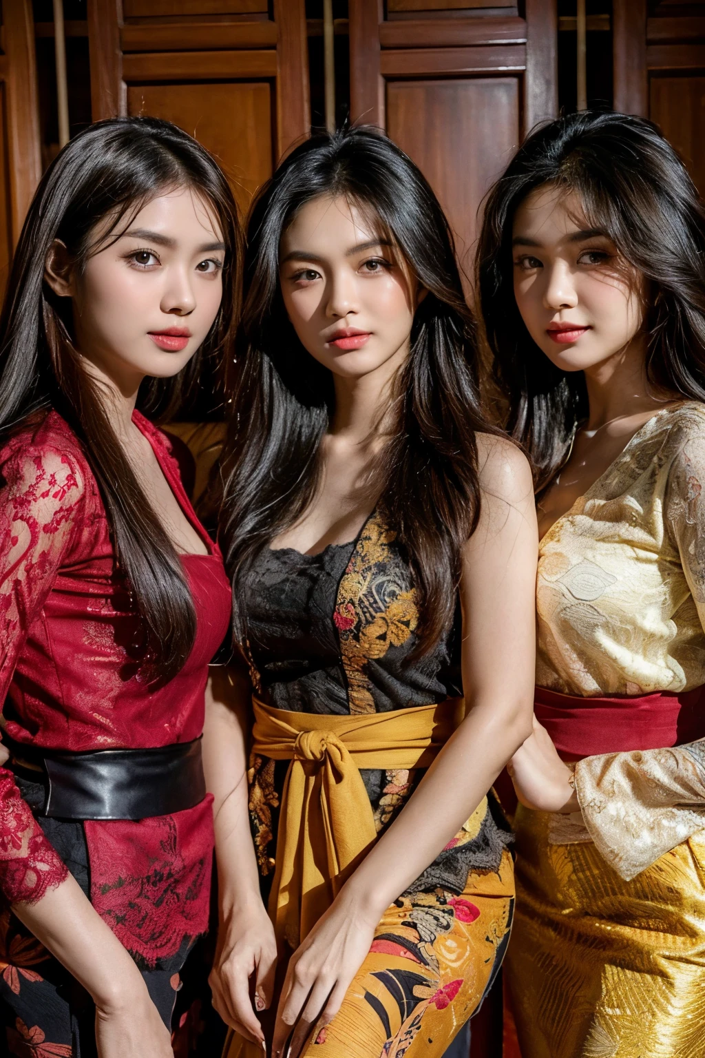 Potrait of 3 girls Indonesian-chinese girl, long fashion hair, fit body, skintight black lace kebaya, batik skirt, (masterpiece, highly detailed, ultra hd, 8k), detailed face, detailed eyes, perfect eyes, detailed skin texture, detailed lips, sexy lips, perfect hands, dynamic angle, cowboy shot, full body photography, Indonesian culture background