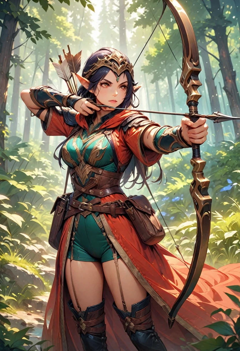 (Ashe: Archer,Characters appearing in League of Legends,female elf hunter),nordic forest background,black hooded cloak,Eyes aiming at prey,(bow \(weapon\), arrow \(projectile\), holding bow \(weapon\), aiming, holding arrow, drawing bow,),BREAK,(bow: structurally correct),BREAK,(masterpiece:1.3),(highest quality:1.4),(ultra detailed:1.5),High resolution,extremely detailed,unity 8k wallpaper,anatomically correct,perfect anatomy,rich colors,Calm color scheme,Carefully depicting a beautiful Nordic forest,walk among the trees