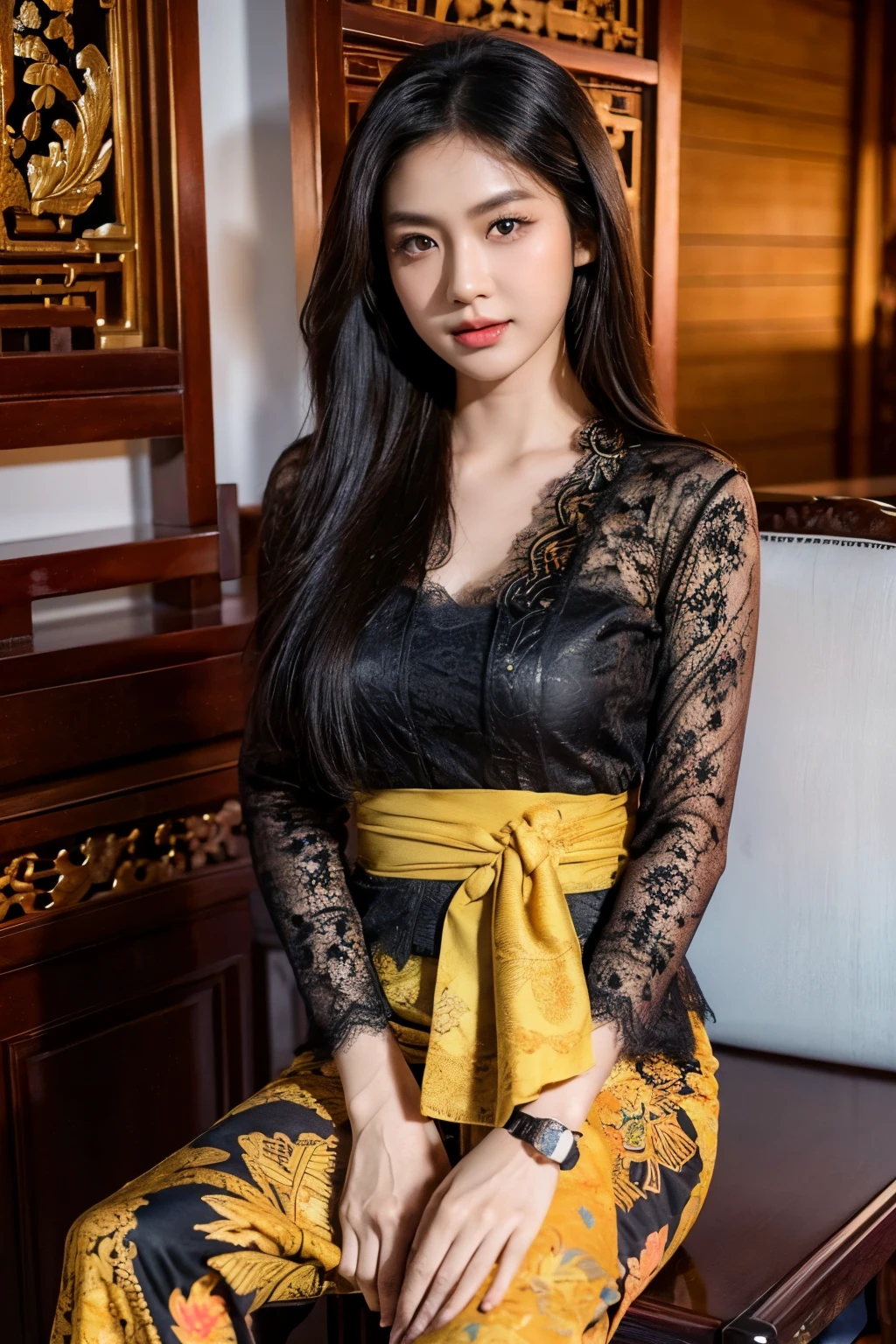Potrait of 3 girls Indonesian-chinese girl, long fashion hair, fit body, skintight black lace kebaya, batik skirt, (masterpiece, highly detailed, ultra hd, 8k), detailed face, detailed eyes, perfect eyes, detailed skin texture, detailed lips, sexy lips, perfect hands, dynamic angle, cowboy shot, full body photography, Indonesian culture background
