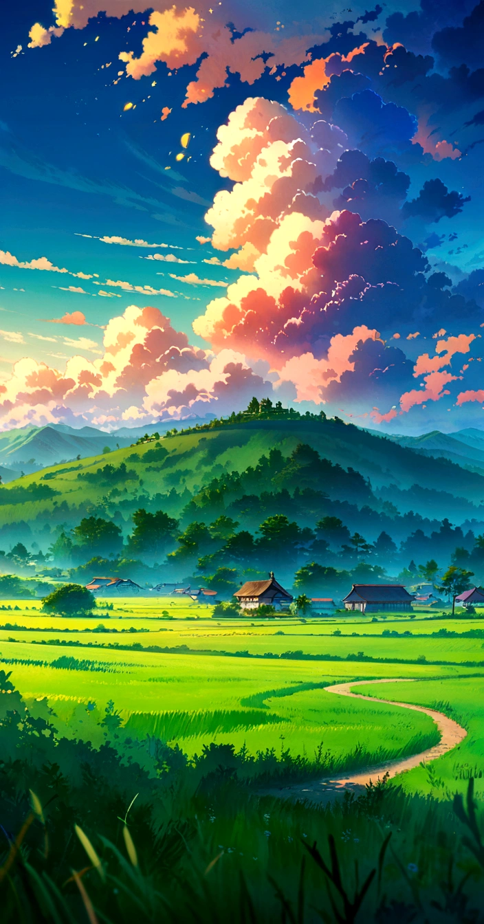 Anime Landscape with a path leading to a small village, Anime rural scenery, Anime Landscape, Anime Landscape, Anime Landscape wallpaper, beautiful Anime Landscape, View of Ghibli Studio, Beautiful anime scene, Anime Background art, Anime Background, Anime beautiful peaceful scene, Anime Nature, Landscape Artwork, Shinkai Makoto Studio, Studio Ghibli Sky, Anime Landscape concept art