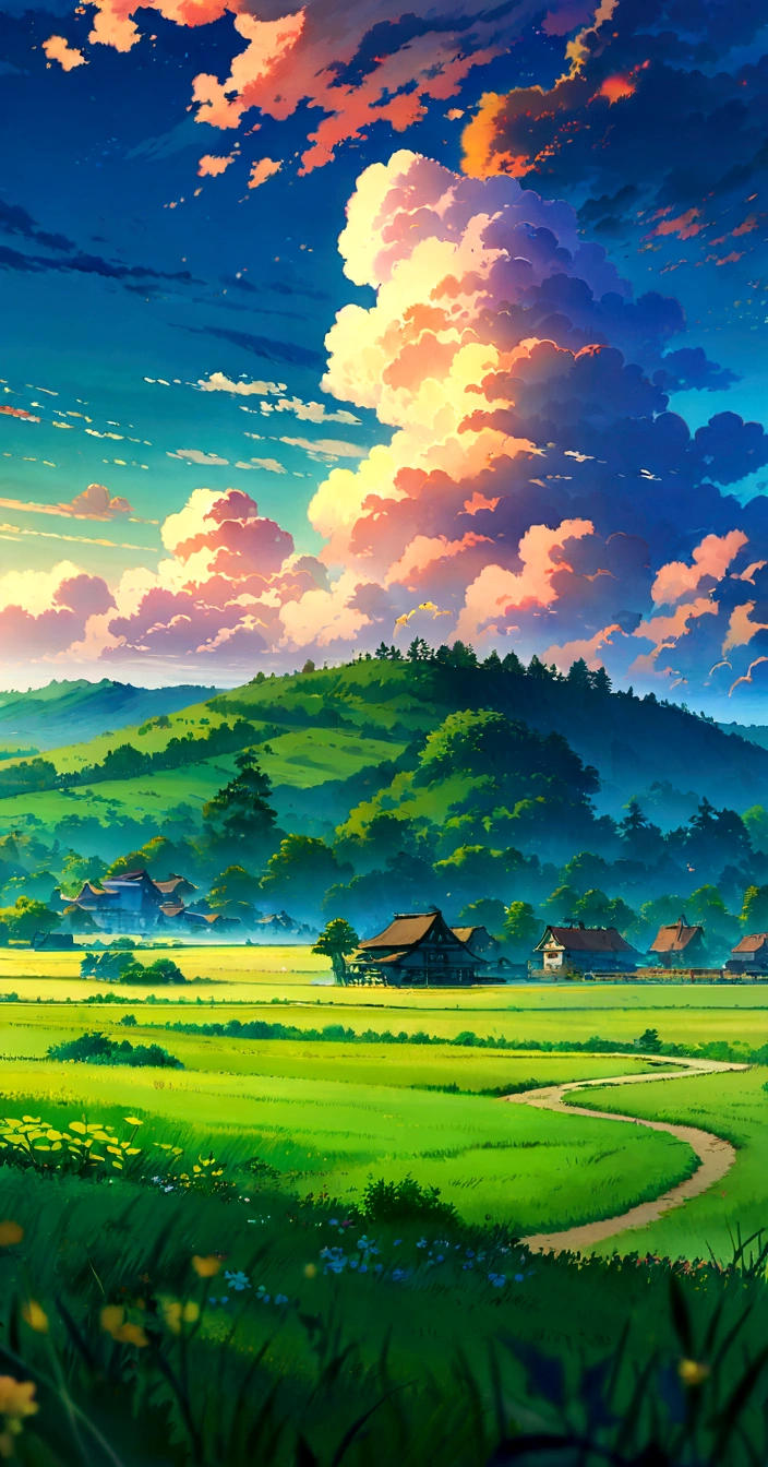 Anime Landscape with a path leading to a small village, Anime rural scenery, Anime Landscape, Anime Landscape, Anime Landscape wallpaper, beautiful Anime Landscape, View of Ghibli Studio, Beautiful anime scene, Anime Background art, Anime Background, Anime beautiful peaceful scene, Anime Nature, Landscape Artwork, Shinkai Makoto Studio, Studio Ghibli Sky, Anime Landscape concept art