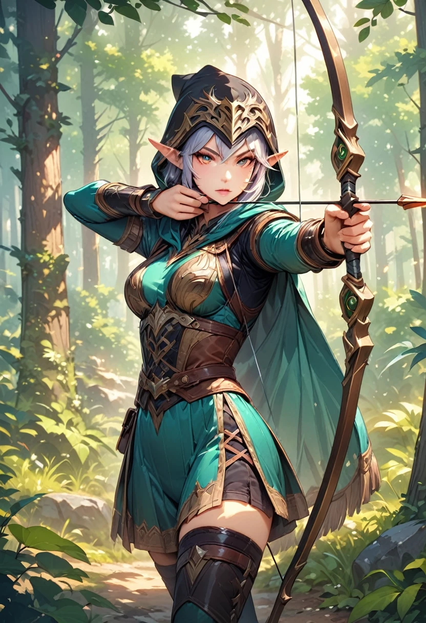 (Ashe: Archer,Characters appearing in League of Legends,female elf hunter),nordic forest background,black hooded cloak,Eyes aiming at prey,(bow \(weapon\), arrow \(projectile\), holding bow \(weapon\), aiming, holding arrow, drawing bow,),BREAK,(bow: structurally correct),BREAK,(masterpiece:1.3),(highest quality:1.4),(ultra detailed:1.5),High resolution,extremely detailed,unity 8k wallpaper,anatomically correct,perfect anatomy,rich colors,Calm color scheme,Carefully depicting a beautiful Nordic forest,walk among the trees