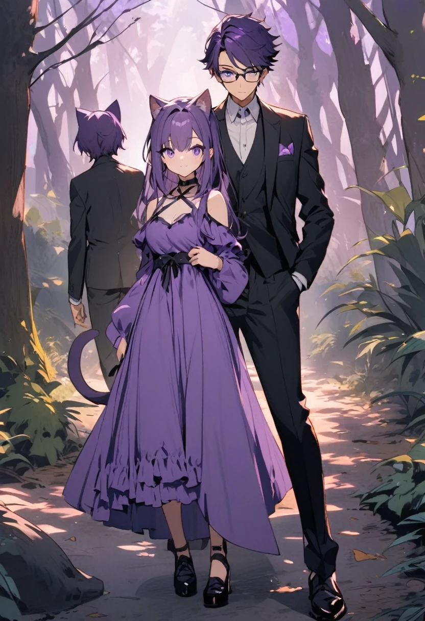 Girl in purple dress, purple hair and purple eyes and ears cats walk with a guy in a black suit and glasses in the forest under the moon
