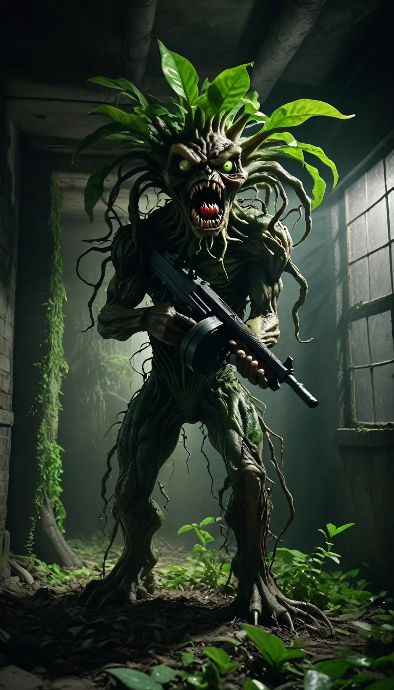 huge succplant with angry eyes and a long mouth with sharp teeth is holding a tmmygn submachine gun with it's strong roots, Lurking in the dark basement, Green leaves, roots, Cinematic, Horror Theme, Dark and gloomy, Strong backlighting from the basement window, 
 