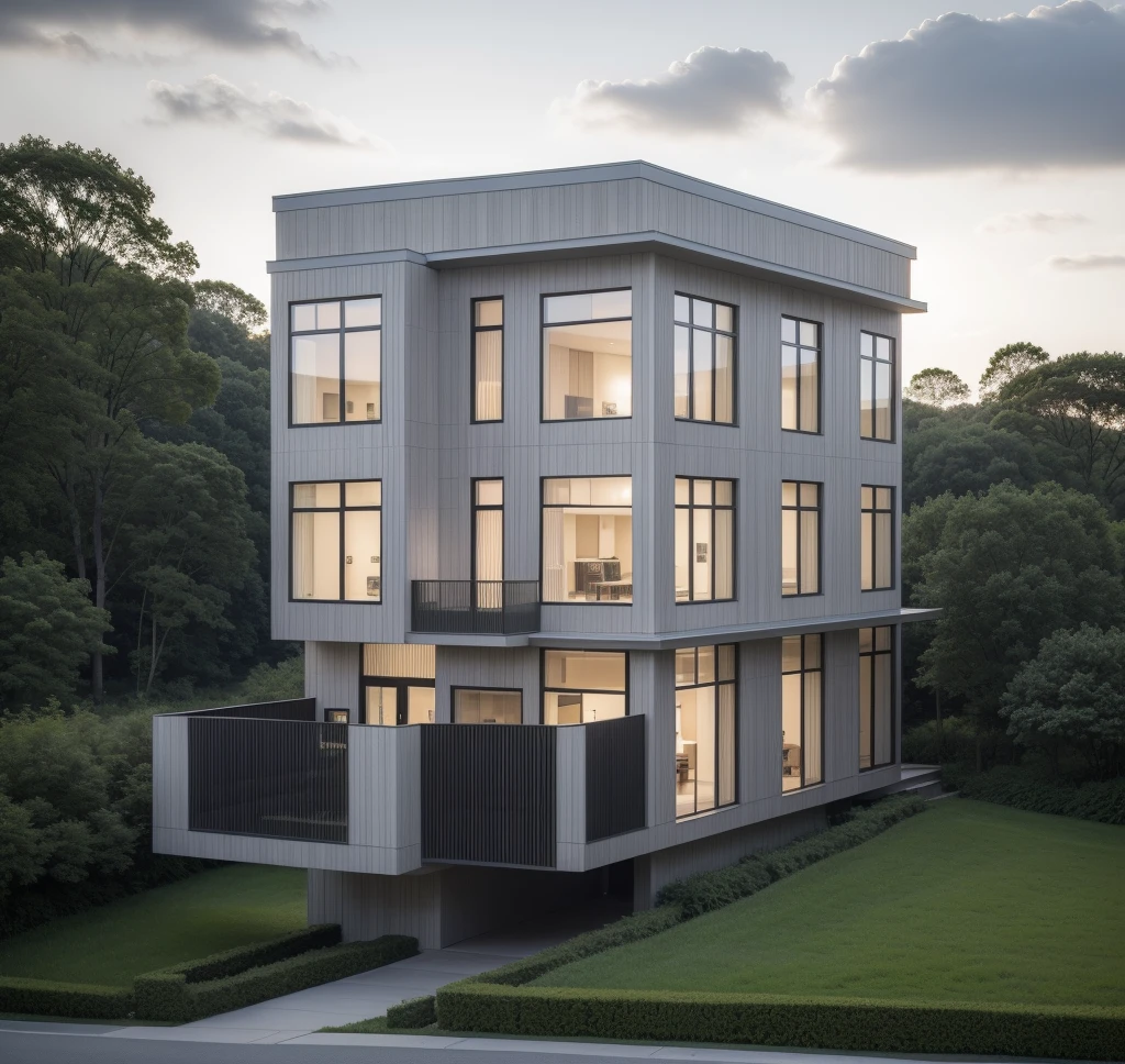 RAW photo, a photo of a modern villa with a car parked in front of it, ((1/2 dark grey facade)), architectural shot, gate, road, viet nam modern residence, rough black wall, new residential area, wide angle exterior 2022, contemporary house, exterior photography, masterpiece, contemporary architecture, overcast, indirect lighting