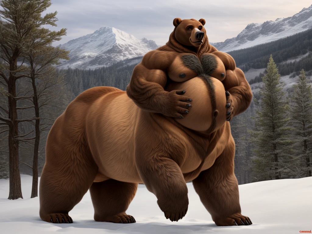 furry, fur taur, beartaur, middle-age, solo, detailed face, bear ears, bear eyes(brown), bear nose(black), bear mouth, garibaldi beard(grey), mature hair(grey), detailed arms, thick arms, muscular, thick hands(5 fingers), detailed body belly, thick body, muscle belly(white), thick chest, chest hair(grey), detailed taur body, thick taur body, thick bear paws, thick bear tail, full body shot, snow, standing on the mountain