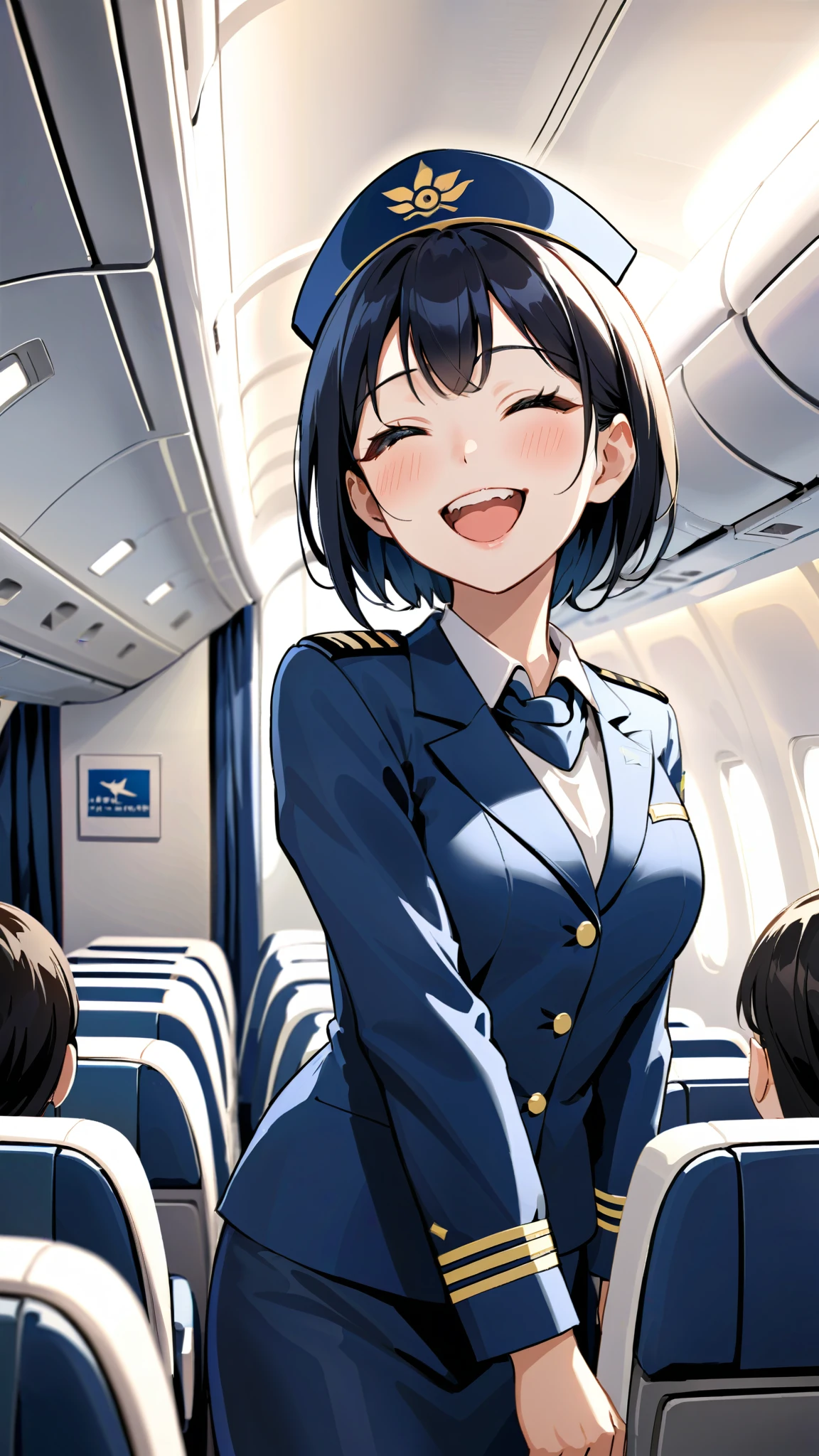 Japanese cabin attendant、Black Hair、a beautiful woman wearing navy-blue air hostess uniform, Inside the plane、Welcome guests、A cheerful smile、Laughing with mouth open、