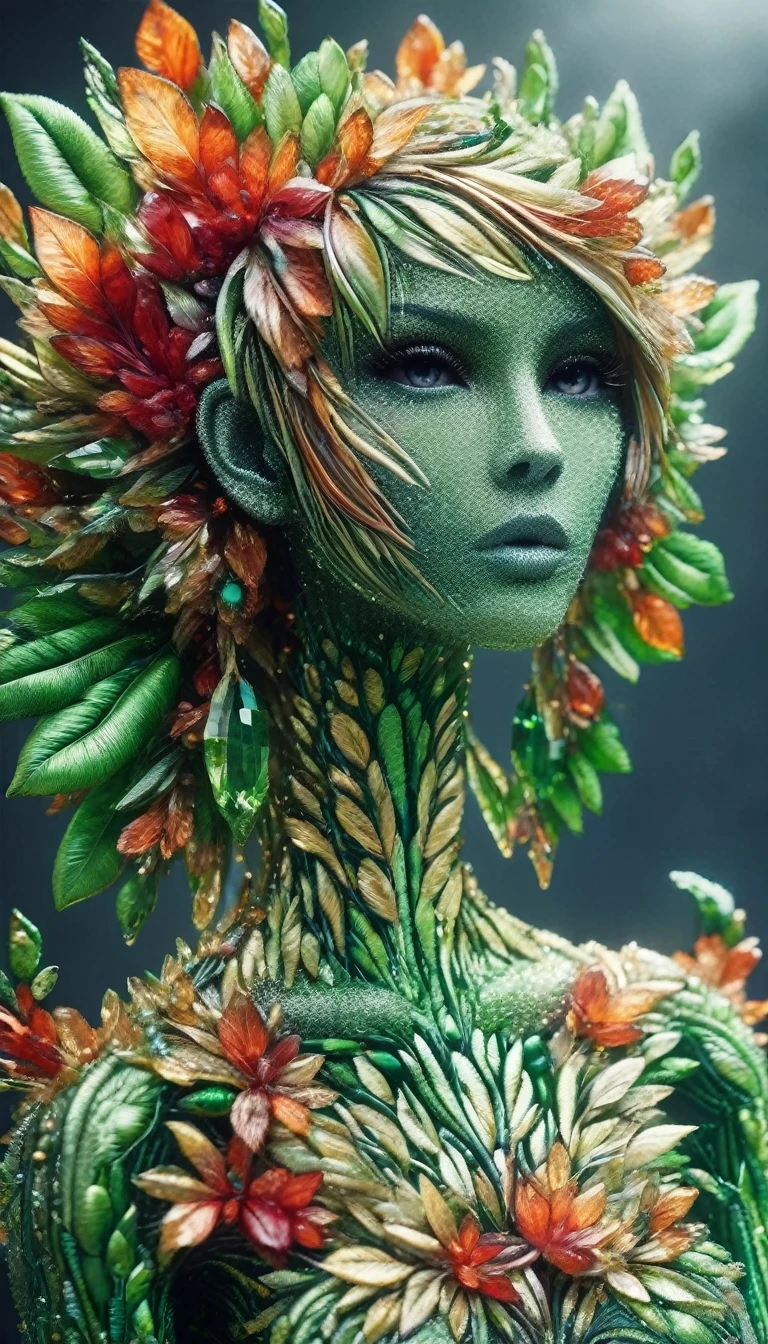 Fascinating humanoid style plant creature in full bloom, Stand upright. Overall body color is green, Flower-like structures growing around the head. On her head is a leaf-like headband-like decoration.。. The lower half of the plant boasts a petal-like skirt-like structure.。, The color ranges from light green to dark green. That arm, Delicate and slim, End up with leaf shapes instead of hands. Also、Her expressive oval crimson eyes give off a captivating aura.。.