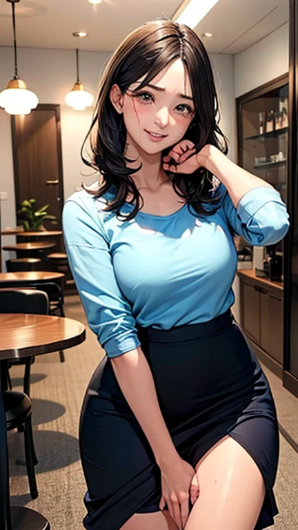 1 Woman, Japanese Woman,(Housewife:1.5),(40 Years Old:1.68),(Attractive Mature Woman:1.66),(Middle Age:1.78),(Small Round Face:1,69),(small breasts:1.5),((graduated haircut)),Casual, simple blouse,V-neckline,knee-length skirt, blouse in bright colors,pastel shades,(((cafe interior,in room))),(Pressing the crotch with the hand on the skirt:1.72),(excitement:1.6),(tears:1.03)