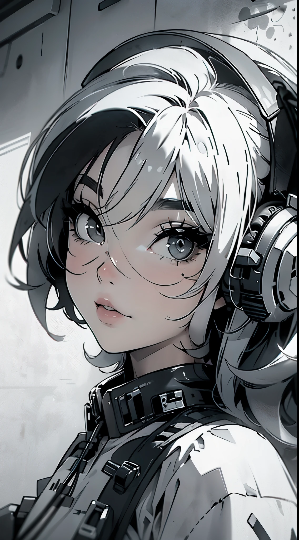 High quality, one girl, close-up, black and white, monochrome, headphones