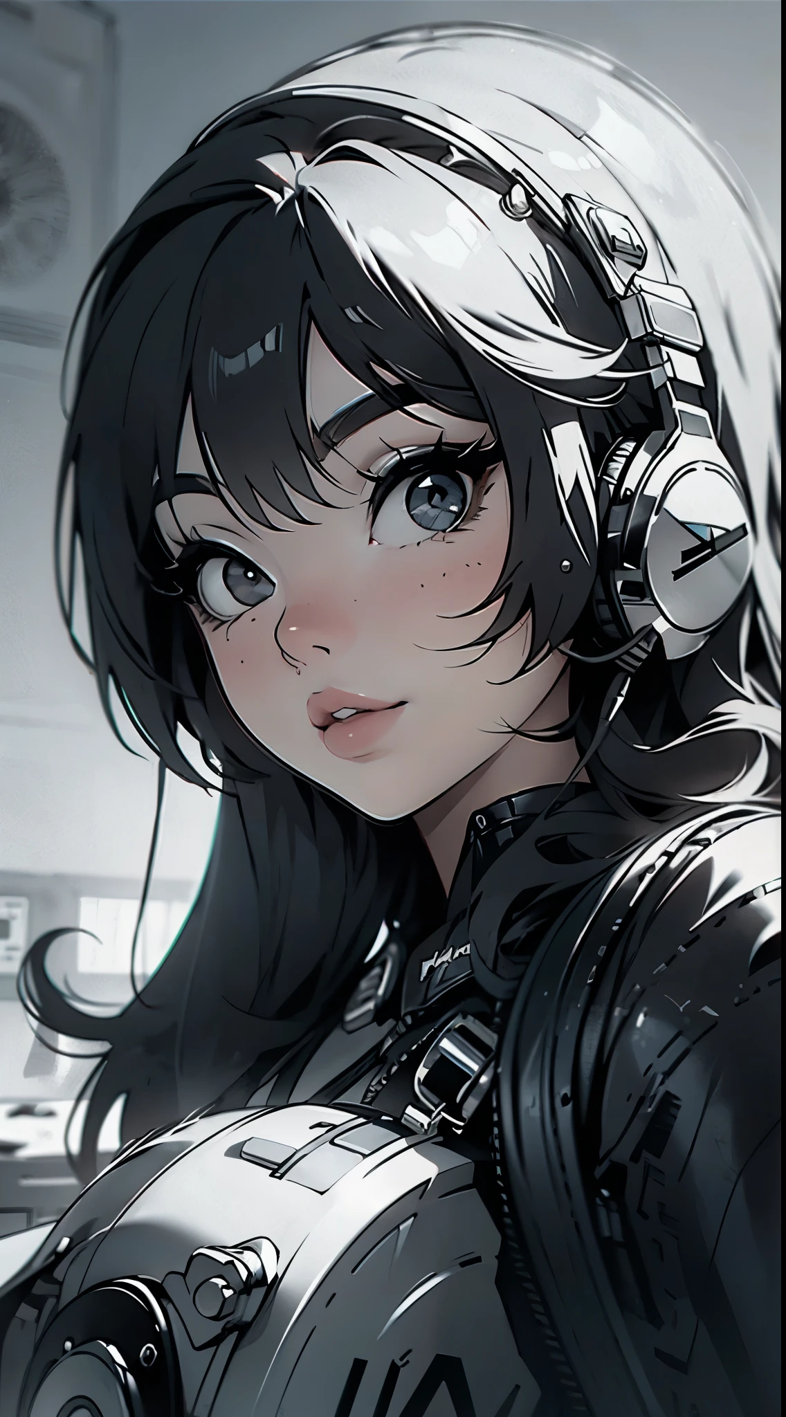 High quality, one girl, close-up, black and white, monochrome, headphones