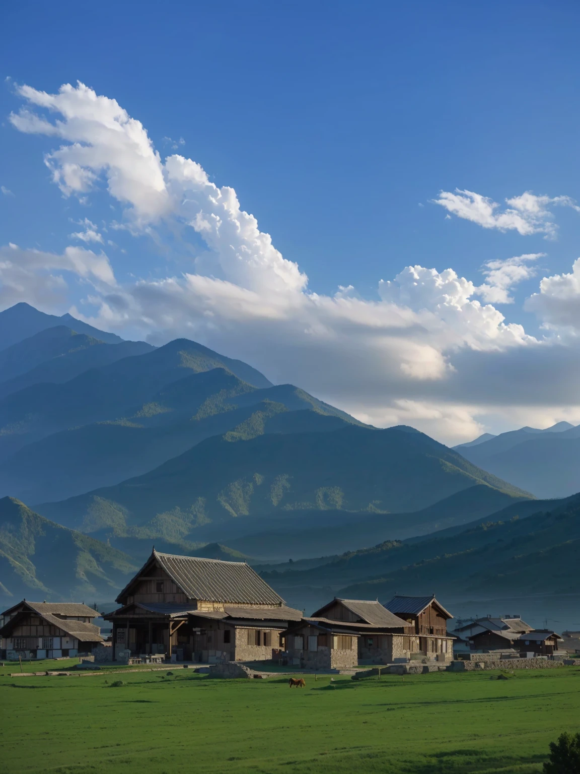 with mountains in the distance,In the foreground are several houses and a cow, villages at background, village, Mountains in the background, 8K)), very scenery is beautiful, scenery is beautiful, In the valley, Alexander Runciman, Mountains in the background, Mountains in the background, 背景中的village庄, very very scenery is beautiful, Valle encantador