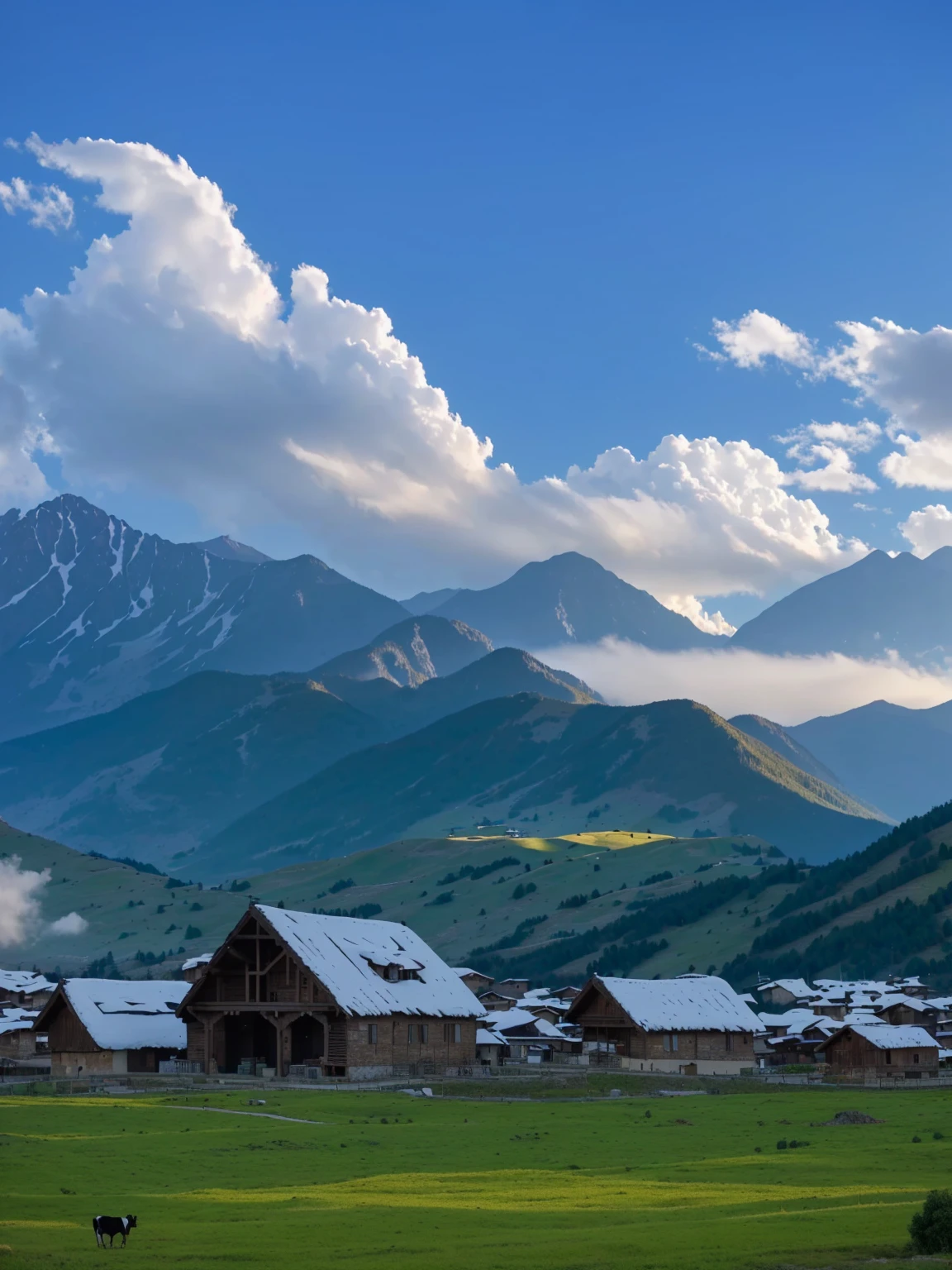 with mountains in the distance,In the foreground are several houses and a cow, villages at background, village, Mountains in the background, 8K)), very scenery is beautiful, scenery is beautiful, In the valley, Alexander Runciman, Mountains in the background, Mountains in the background, 背景中的village庄, very very scenery is beautiful, Valle encantador