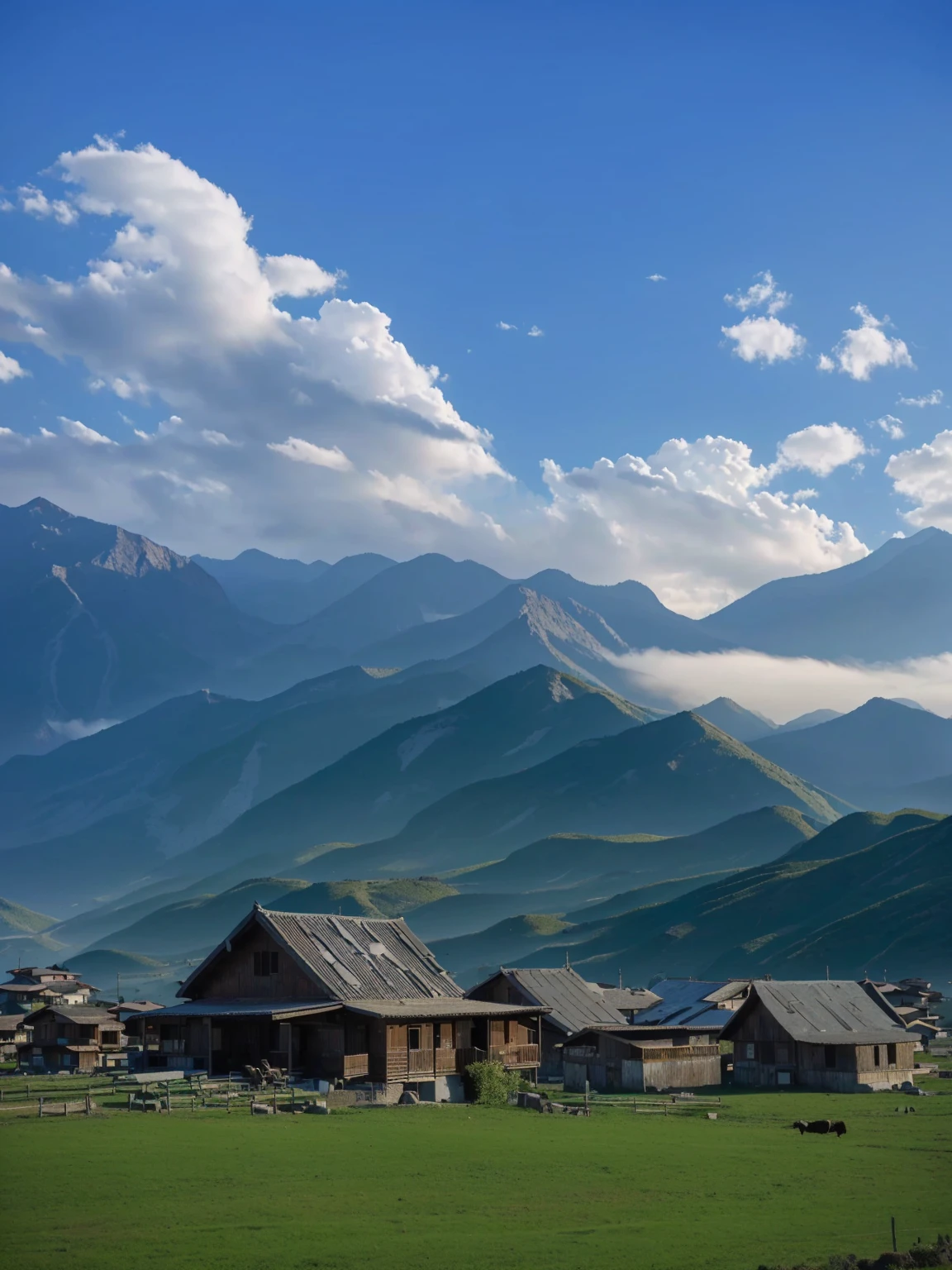 with mountains in the distance，In the foreground are several houses and a cow, villages at background, village, Mountains in the background, 8K)), very scenery is beautiful, scenery is beautiful, In the valley, Alexander Runciman, Mountains in the background, Mountains in the background, 背景中的village庄, very very scenery is beautiful, Valle encantador