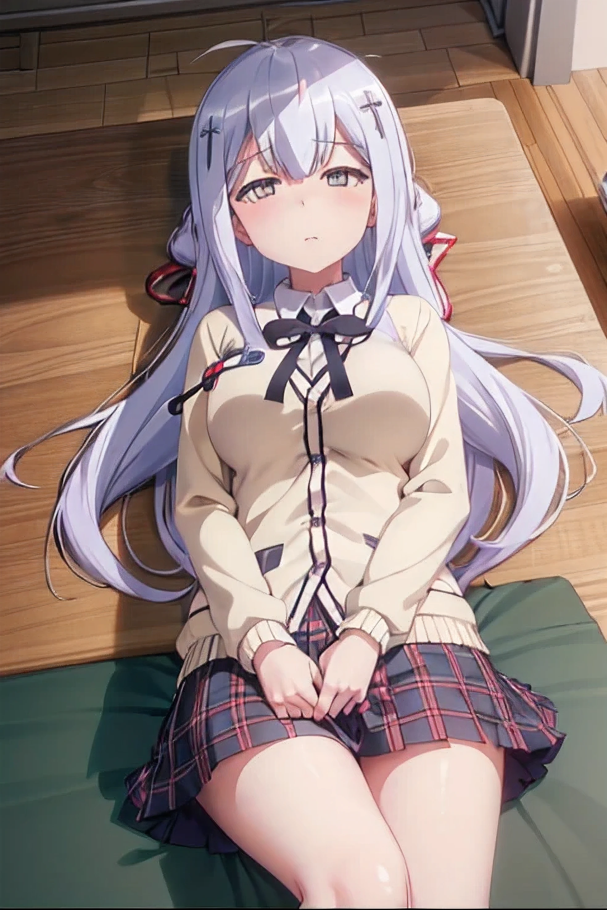 (extremely detailed CG unity 8k wallpaper), (masterpiece), (best quality), (ultra-detailed), (best illustration), (best shadow), (absurdres), 1girl, solo, raphiel ainsworth shiraha, , white cardigan, plaid skirt, classroom, lying down, cpr, chest compressions, unconscious