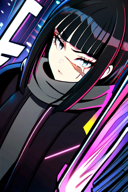 1girl, long black hair, beautiful silver eyes, a black jacket, gray scarf, cyberpunk city, scar on eye, menacing 