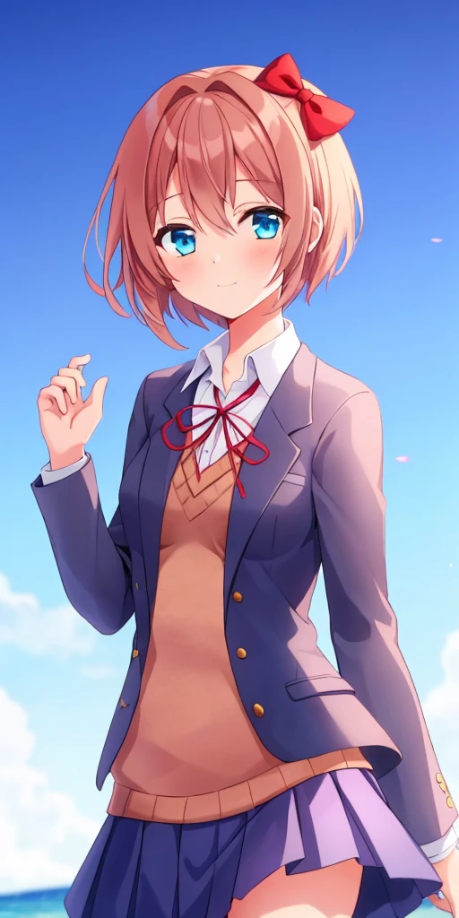 one girl, Sayori, DDLC, school blazer, hair bow, close to girl, too gentle, blue eyes, beautiful, skirt, cowboy shot, clumsy girl