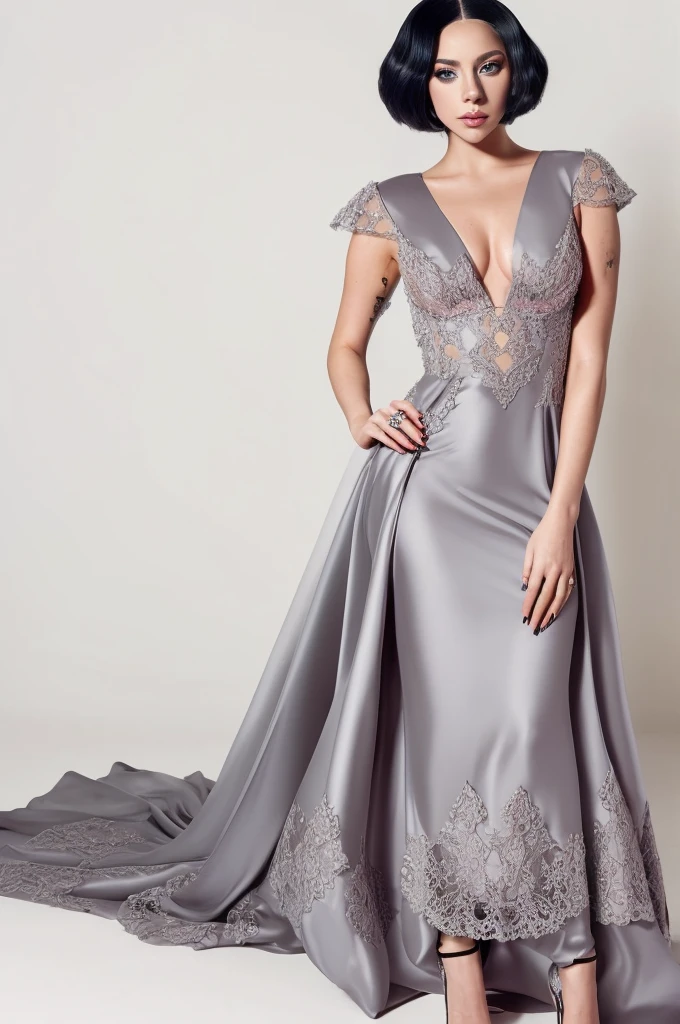 Lady Gaga wears a dark pink lotus silk dress, bold makeup, attractive pose, gray and white background