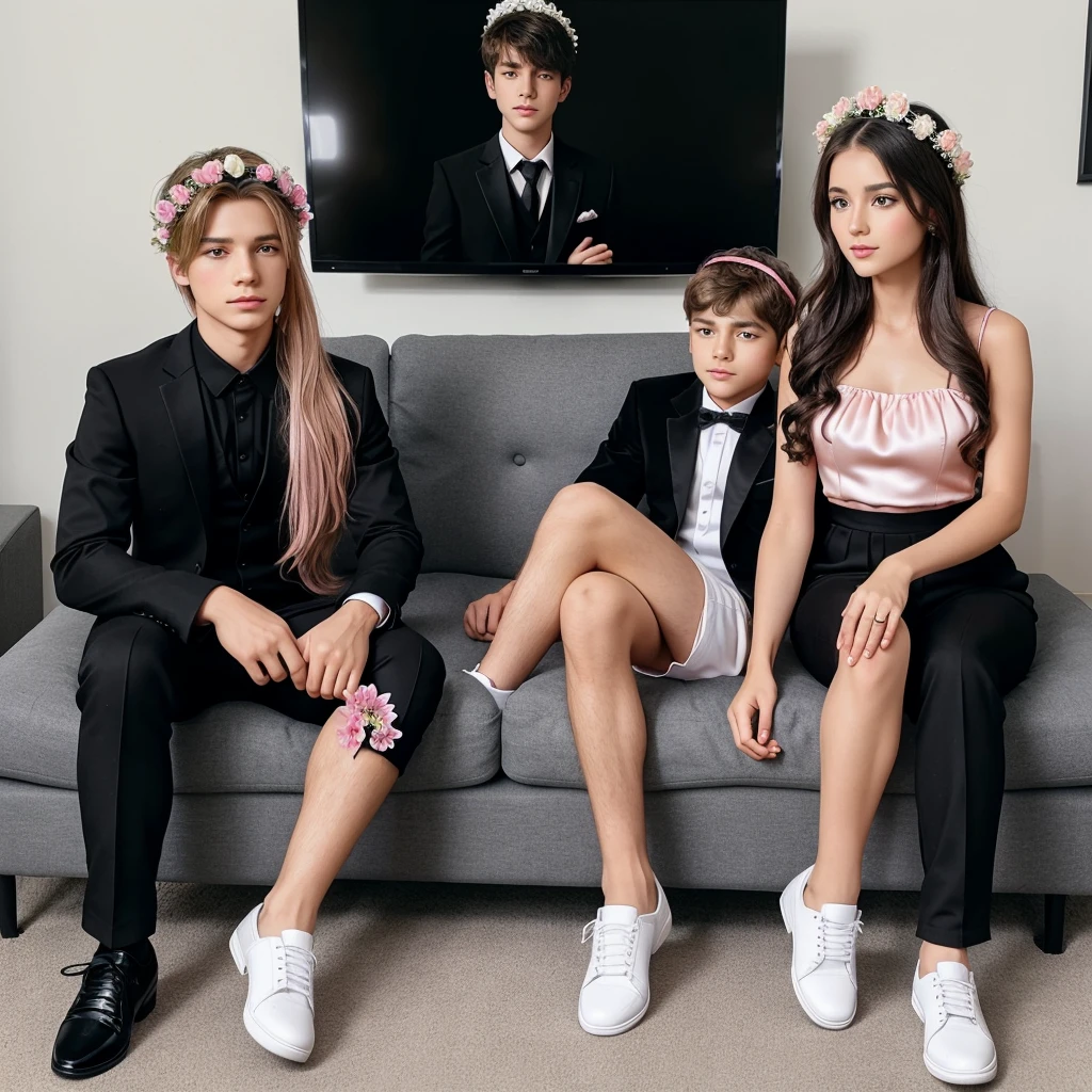 Create a realistic picture we are a girl wearing a pink long prom dress with flower head crown and high heel with a boy, boy wearing black suit and black pant white shoes and they are sitting in hall on the sofa in front of TV they are look like a beautiful couple