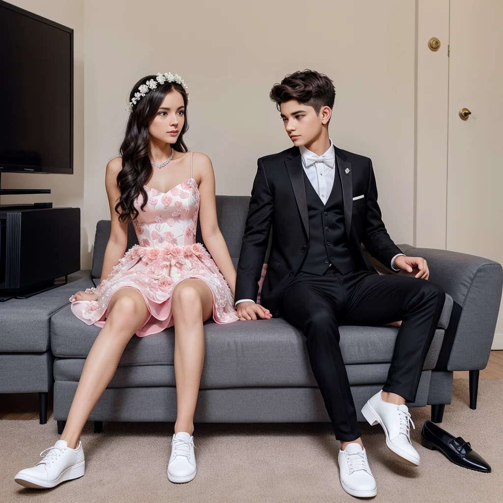 Create a realistic picture we are a girl wearing a pink long prom dress with flower head crown and high heel with a boy, boy wearing black suit and black pant white shoes and they are sitting in hall on the sofa in front of TV they are look like a beautiful couple