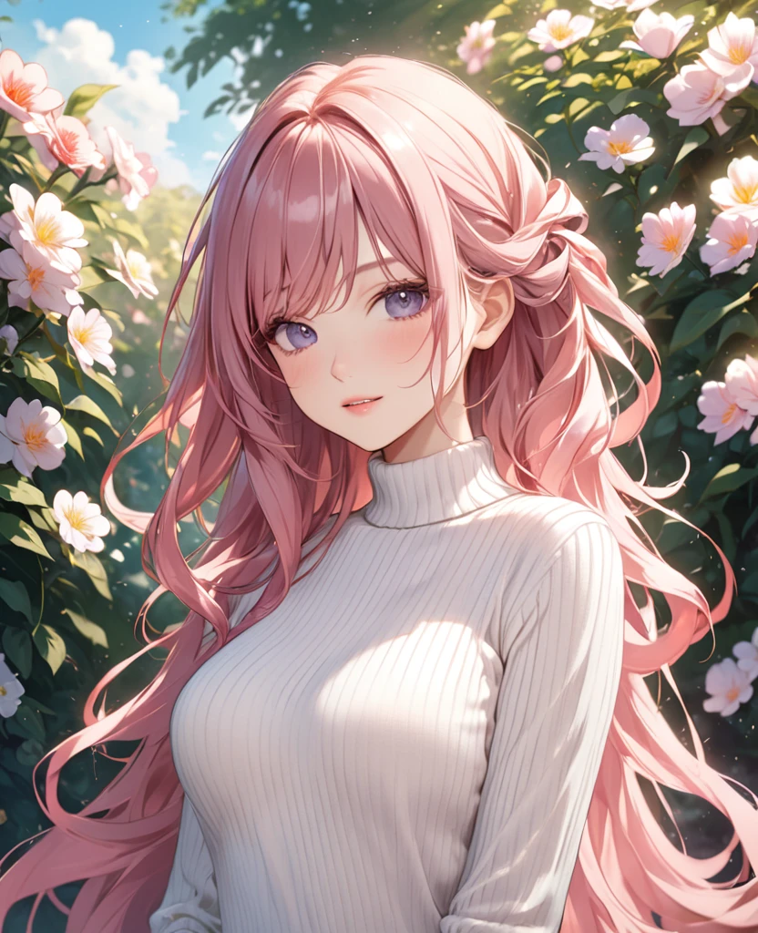 NSFW , ultra detailed, hyper detailed, best quality, highres, 4K, field of flowers, , looking at viewer, puzzled, happy, , shy, very long hair, wave hair, gradient hair, tall, slender,huge breasts, beautiful breasts , ((ribbed sweater)), ,wet, dappled sunlight,
