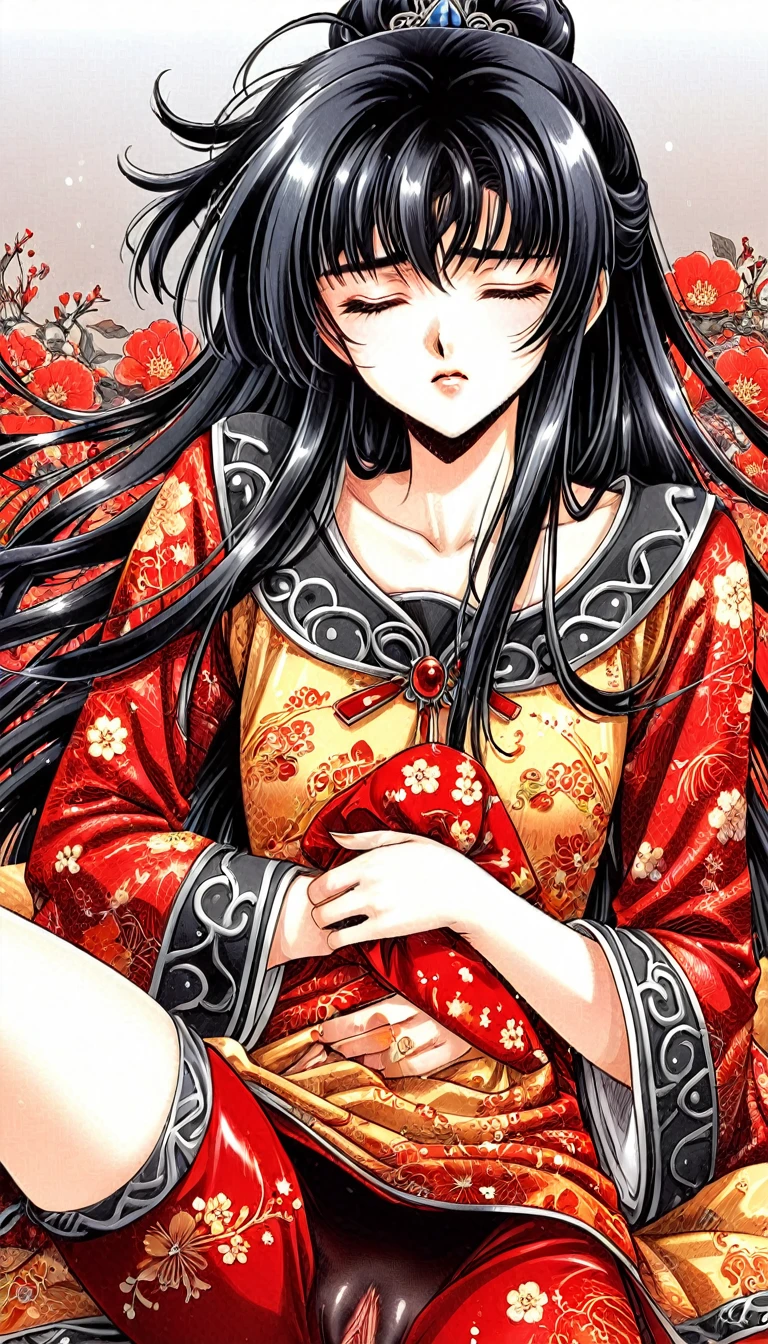 A tragic historical drama in 8k live-action style: Beautiful palace secrets Beautiful old Chinese Kung Fu princess with long black hair is forced to wear red flower print shiny pants exposing her pussy for pooping Gorgeous embroidery, Ultra glossy, She is wearing shiny red long sleeve floral pajamas.... She is lying on her back with her eyes closed and holding her stomach with her hands.
