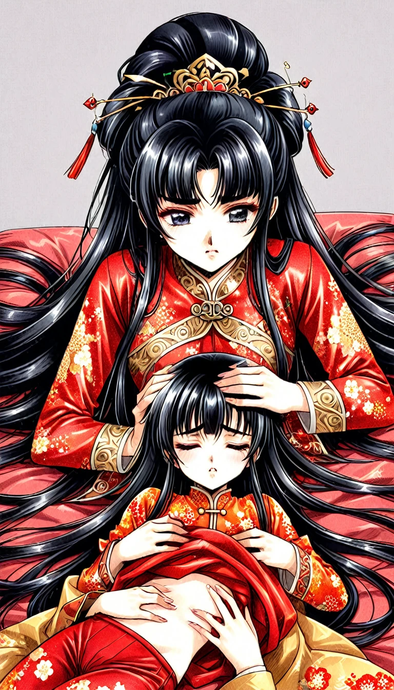 A tragic historical drama in 8k live-action style: Beautiful palace secrets　Beautiful 10 year old Chinese Kung Fu princess with long black hair is forced to wear red flower print shiny pants exposing her pussy for pooping　Gorgeous embroidery, Ultra glossy, She is wearing shiny red long sleeve floral pajamas....　　　She is lying on her back with her eyes closed and holding her stomach with her hands.