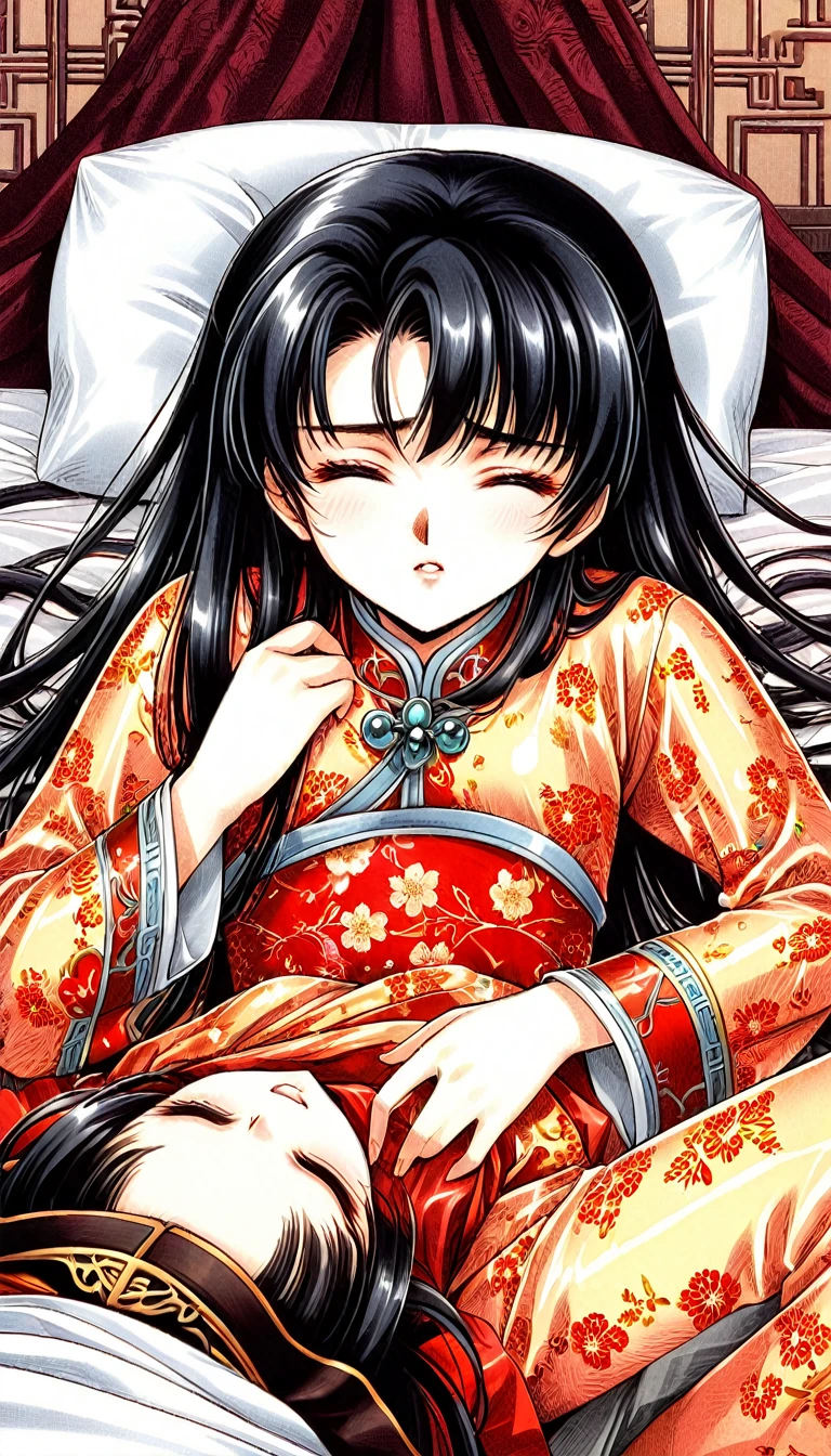 A tragic historical drama in 8k live-action style: Beautiful palace secrets　Beautiful 10 year old Chinese Kung Fu princess with long black hair is forced to wear red flower print shiny pants exposing her pussy for pooping　Gorgeous embroidery, Ultra glossy, She is wearing shiny red long sleeve floral pajamas....　　　She is lying on her back with her eyes closed and holding her stomach with her hands.