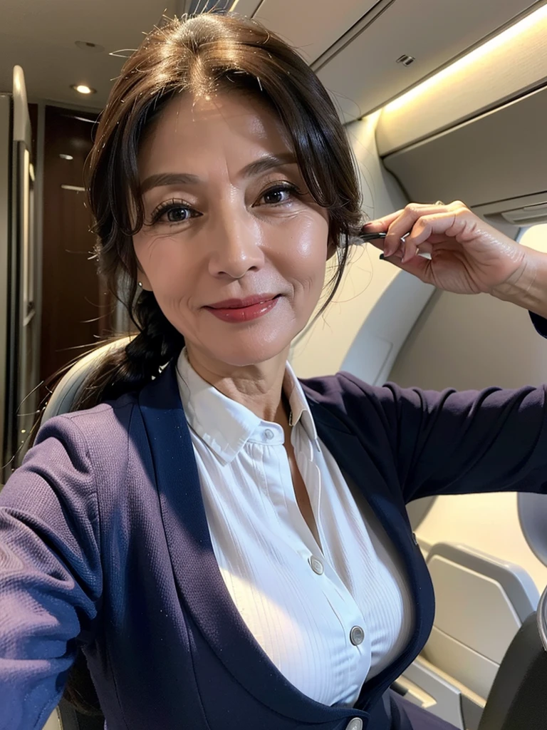 (masterpiece:1.4),(61-year-old woman:1.5),(facial wrinkles 1.2),A kind smile,maternal,Mature Woman, (dressed as a flight attendant : 1.3), on a plane,