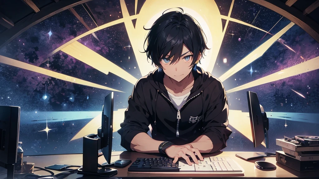 A captivating anime-style logo showcases a radiant 25-year-old male character with black hair and iris of the greenish sparkling eyes. He is seated in an ergonomic gamer chair, immersed in his gaming experience. His hands are firmly gripping the mouse and keyboard, eyes intently fixed on the monitor. Despite his intense focus, a subtle smile adorns his face. The surrounding environment is a dark and fantastic forest, with a bonfire nearby.. The atmosphere is both mysterious and inviting, immersing the viewer in a world of enchantment and adventure.