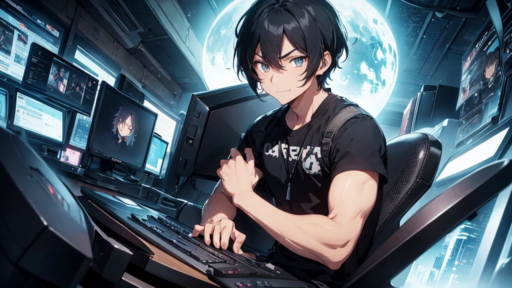 A captivating anime-style logo showcases a radiant 25-year-old male character with black hair and iris of the greenish sparkling eyes. He is seated in an ergonomic gamer chair, immersed in his gaming experience. His hands are firmly gripping the mouse and keyboard, eyes intently fixed on the monitor. Despite his intense focus, a subtle smile adorns his face. The surrounding environment is a dark and fantastic forest, with a bonfire nearby.. The atmosphere is both mysterious and inviting, immersing the viewer in a world of enchantment and adventure.