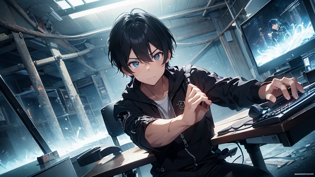 A captivating anime-style logo showcases a radiant 25-year-old male character with black hair and iris of the greenish sparkling eyes. He is seated in an ergonomic gamer chair, immersed in his gaming experience. His hands are firmly gripping the mouse and keyboard, eyes intently fixed on the monitor. Despite his intense focus, a subtle smile adorns his face. The surrounding environment is a dark and fantastic forest, with a bonfire nearby.. The atmosphere is both mysterious and inviting, immersing the viewer in a world of enchantment and adventure.
