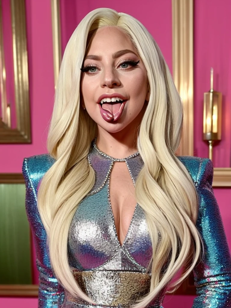 lady gaga sticking out her tongue, long blonde hair, sexy dress, in colorful room
