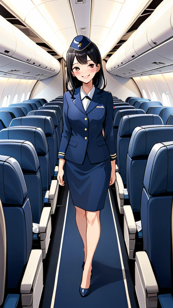 Japanese cabin attendant、Black Hair、a beautiful woman wearing navy-blue air hostess uniform, Inside the plane、A cheerful smile、Standing in the aisle、Guiding customers、