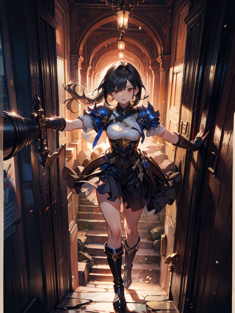 masterpiece, best quality, high quality, detailed, ultra detailed, hyper detailed, insanely detailed, exquisite, beautiful, FHD, Full-HD, 4K, 8K, 16K, highres, absurdres, woman, mystic knight, serious look, sword fighting, covering one eye, black hair, red eyes, armor, long boots, with a sword, fantasy,hailoknight, holding sword, holding weapon