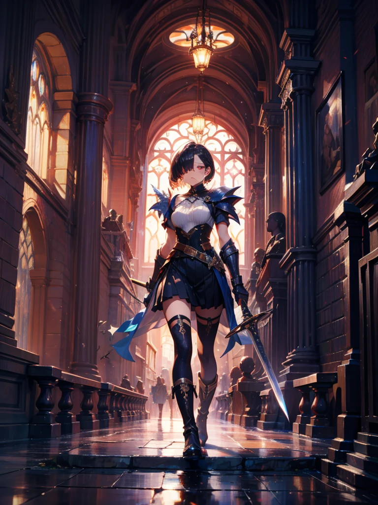 masterpiece, best quality, high quality, detailed, ultra detailed, hyper detailed, insanely detailed, exquisite, beautiful, FHD, Full-HD, 4K, 8K, 16K, highres, absurdres, woman, mystic knight, serious look, sword fighting, covering one eye, black hair, red eyes, armor, long boots, with a sword, fantasy,hailoknight, holding sword, holding weapon