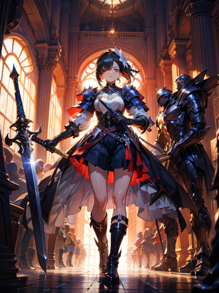 masterpiece, best quality, high quality, detailed, ultra detailed, hyper detailed, insanely detailed, exquisite, beautiful, FHD, Full-HD, 4K, 8K, 16K, highres, absurdres, woman, mystic knight, serious look, sword fighting, covering one eye, black hair, red eyes, armor, long boots, with a sword, fantasy,hailoknight, holding sword, holding weapon