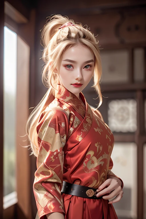 raw image, In an ancient Chinese house, realistic, best shadow, realistically, dark light, Full show, Full body view of the girl, high resolutionเป็นพิเศษ, Detailed  pattern, photo-realistic, Masterpiece, Page Details, Body details, finger details, Clothing details, Highest quality, ((high resolution)), 1 woman, ((beautiful girl)), alone, decorations, Bangle, ((Blonde Hair)), ((Slender face)), ((PonyTail)), ((red eyes)), decorationsที่ผมสีเงิน, dark brown eyeliner, put on makeup, red lips, ((Hanfu)), ((big breasts)), red shirt, black shirt, golden shirt edge, Golden dragon pattern set, Gold Earrings, Hair pins, Show your s, seductive pose,