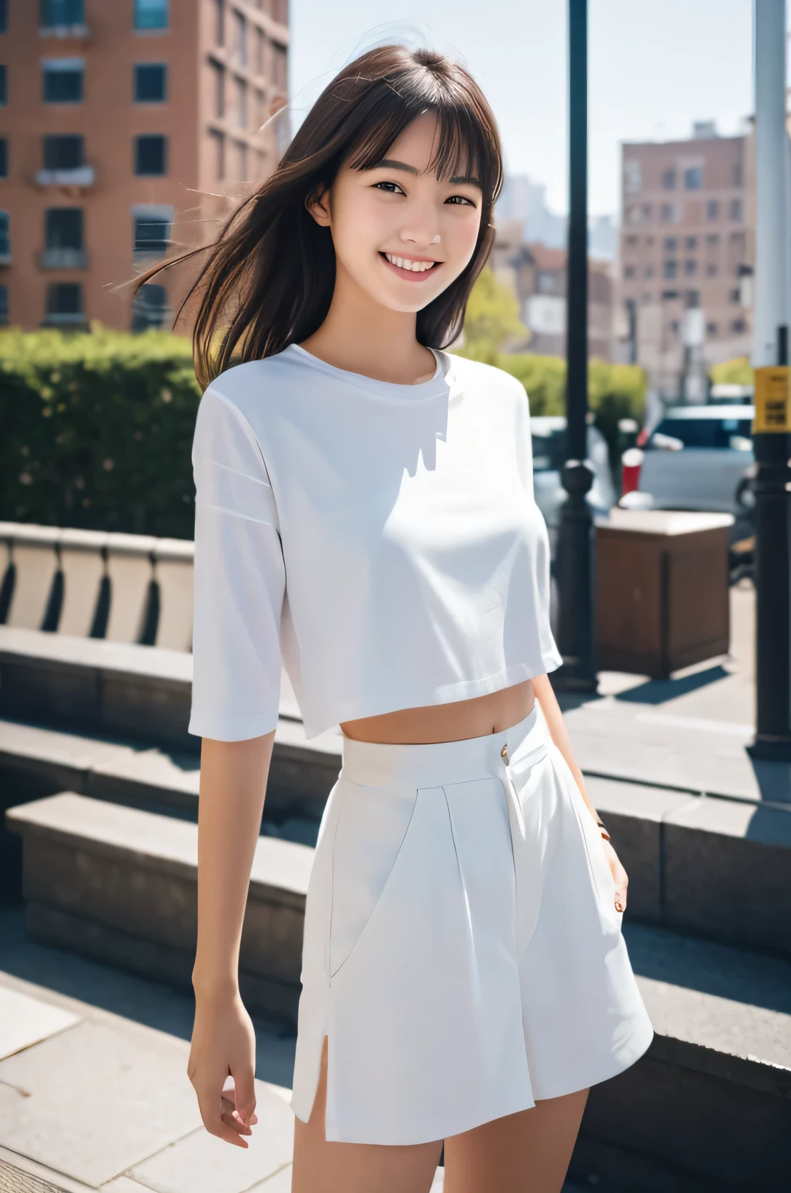 masterpiece, Highest quality, 8K, High resolution, (From head to stomach), RAW digital fixed-point shot of a young woman standing proudly, slim, Smiling mockingly at the viewer,Angle from the right side,Smiling at the camera,Strong sunlight,In the city,White cut and sew