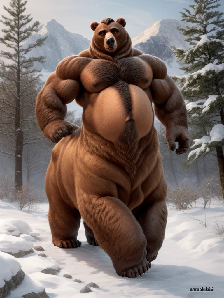 furry, fur taur, beartaur, middle-age, solo, detailed face, bear ears, bear eyes(brown), bear nose(black), bear mouth, garibaldi beard(grey), mature hair(grey), detailed arms, thick arms, muscular, thick hands(5 fingers), detailed body belly, thick body, muscle belly(white), thick chest, chest hair(grey), detailed taur body, thick taur body, thick bear paws, thick bear tail, full body shot, snow, standing on the mountain
