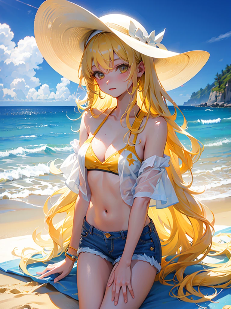 sandy beach，beach bed，white sun hat，forehead，yellow hair，extremely long hair，wavy hair，denim shorts，white bikini