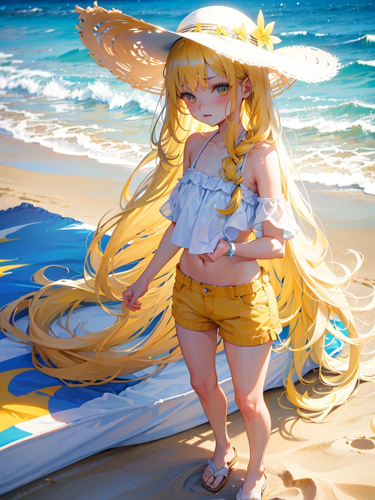 sandy beach,beach bed,white sun hat,forehead,yellow hair,extremely long hair,wavy hair,denim shorts,white bikini